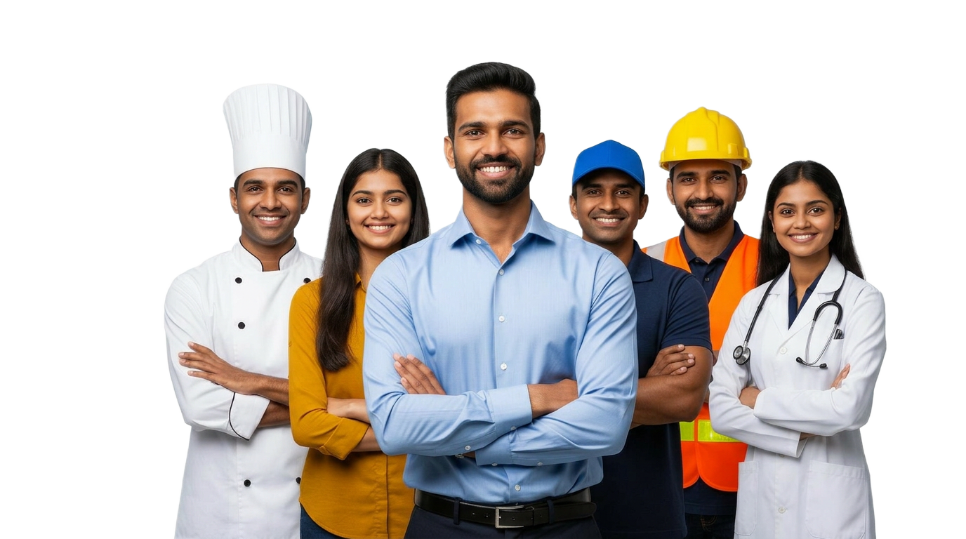 Diverse local service professionals including chef, doctor, mechanic, construction worker